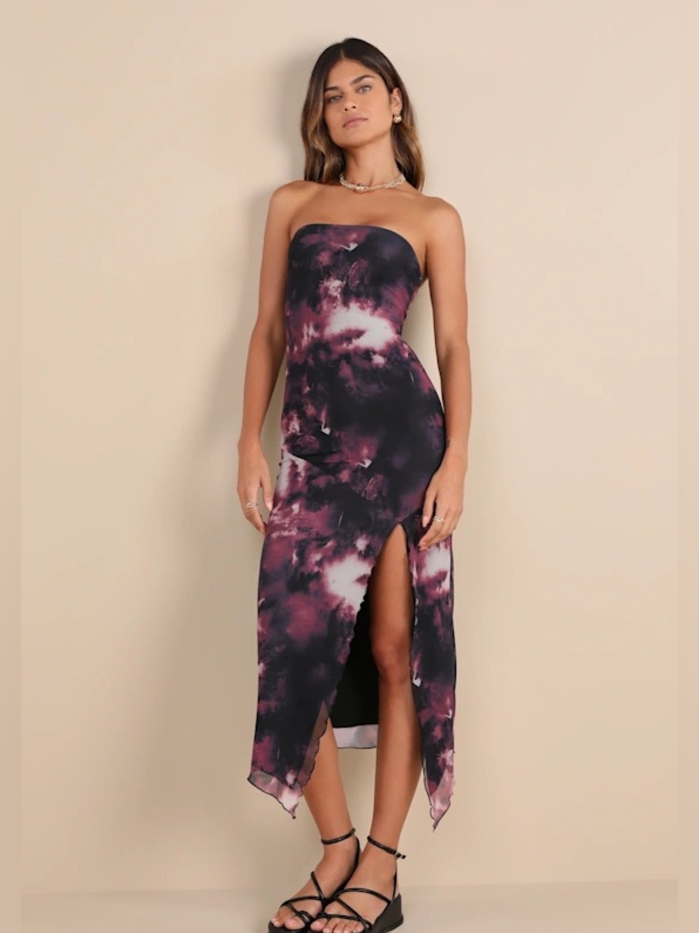 Lulus Paramount Poise Abstract Strapless Mesh Midi Dress Size M